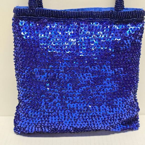 Vintage Cobalt Blue Beaded Sequined Evening Purse Top Handle Bag Handcrafted - Picture 5 of 8